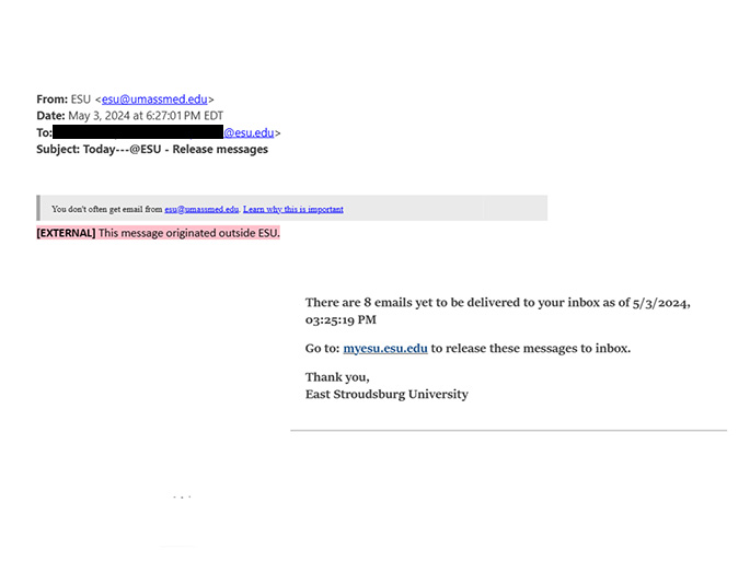 Notice of Phishing Attack requesting emails from myesu.esu.edu accounts.