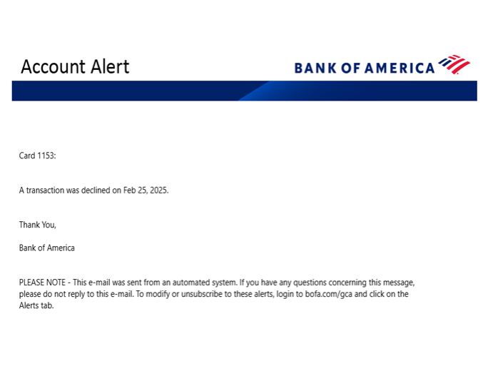 Image of Bank of America Account Alert Phishing email