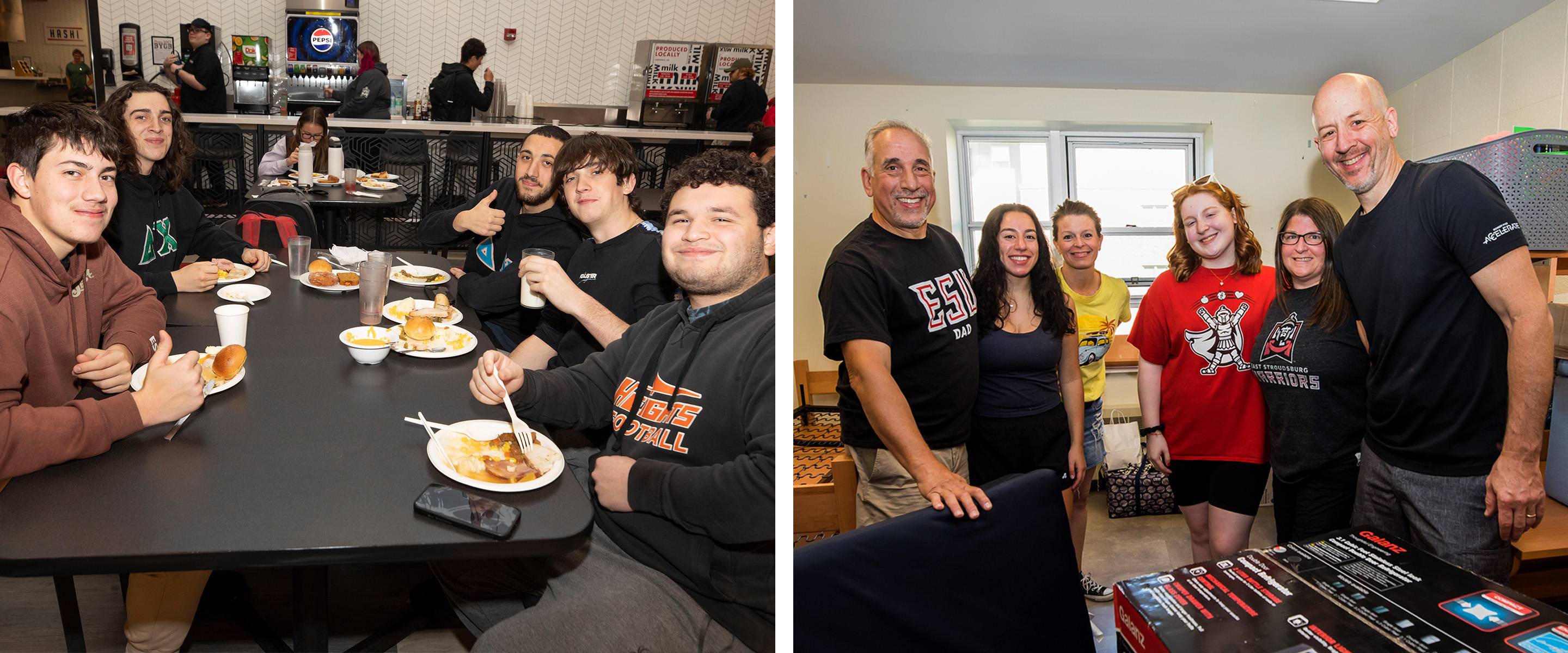 Students at dining hall and students moving into their dorm room